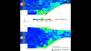 Large Eddy Simulation of the combustor simulator from the European project FACTOR (AVBP-CERFACS).